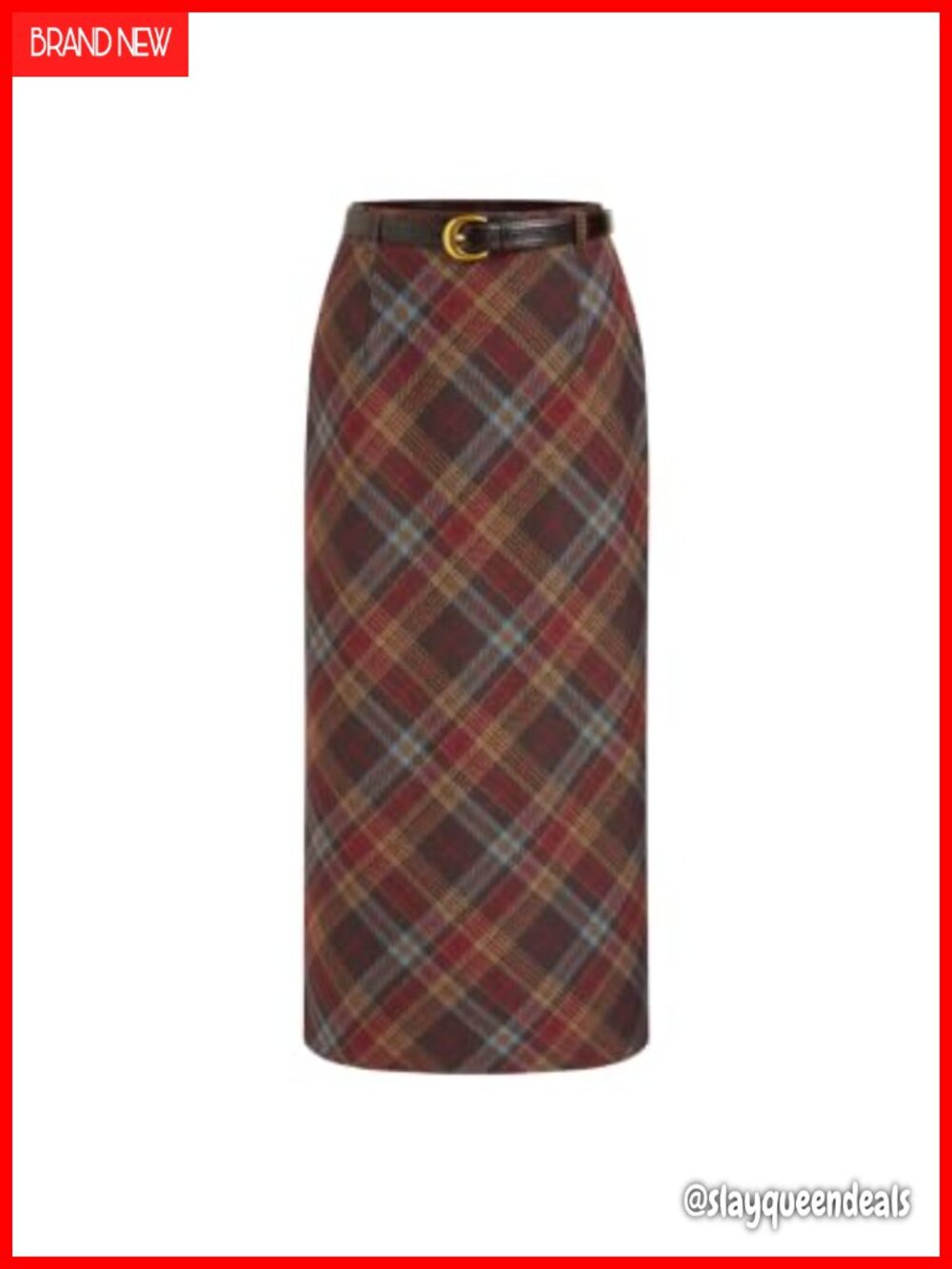 Plaid Midi Skirt A-Line High Waisted Woven with Belt